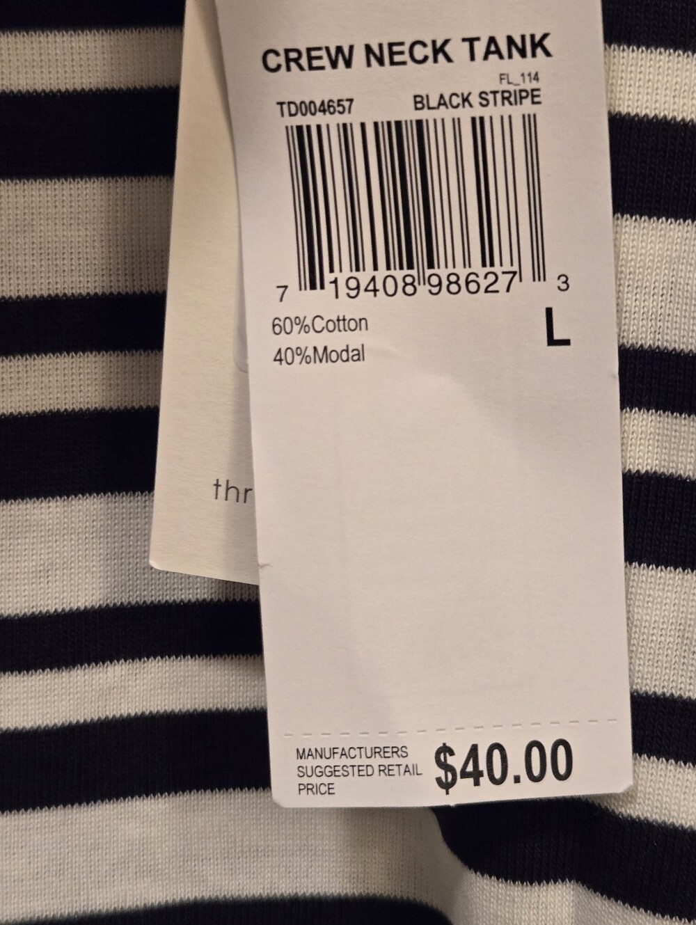 Three Dots Black & Cream Striped Crew Neck Tank Top Size L NWT - Picture 5 of 7